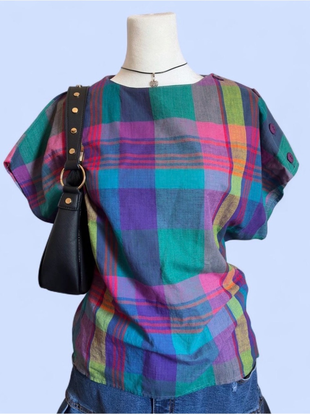 Vintage Multicolor Plaid Short Sleeve Women’s Top